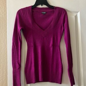 Express Fuscia Ribbed V-Neck Sweater Fitted